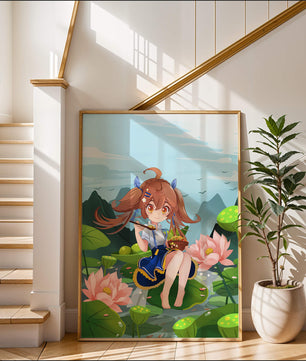 Chica de anime sentada en hojas de lirio con montañas al fondo