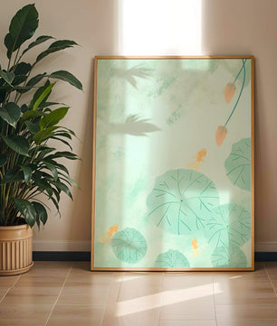 Serene Pond Scene with Goldfish and Lotus Leaves