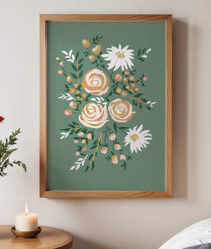 Floral illustration with roses and daisies on green background