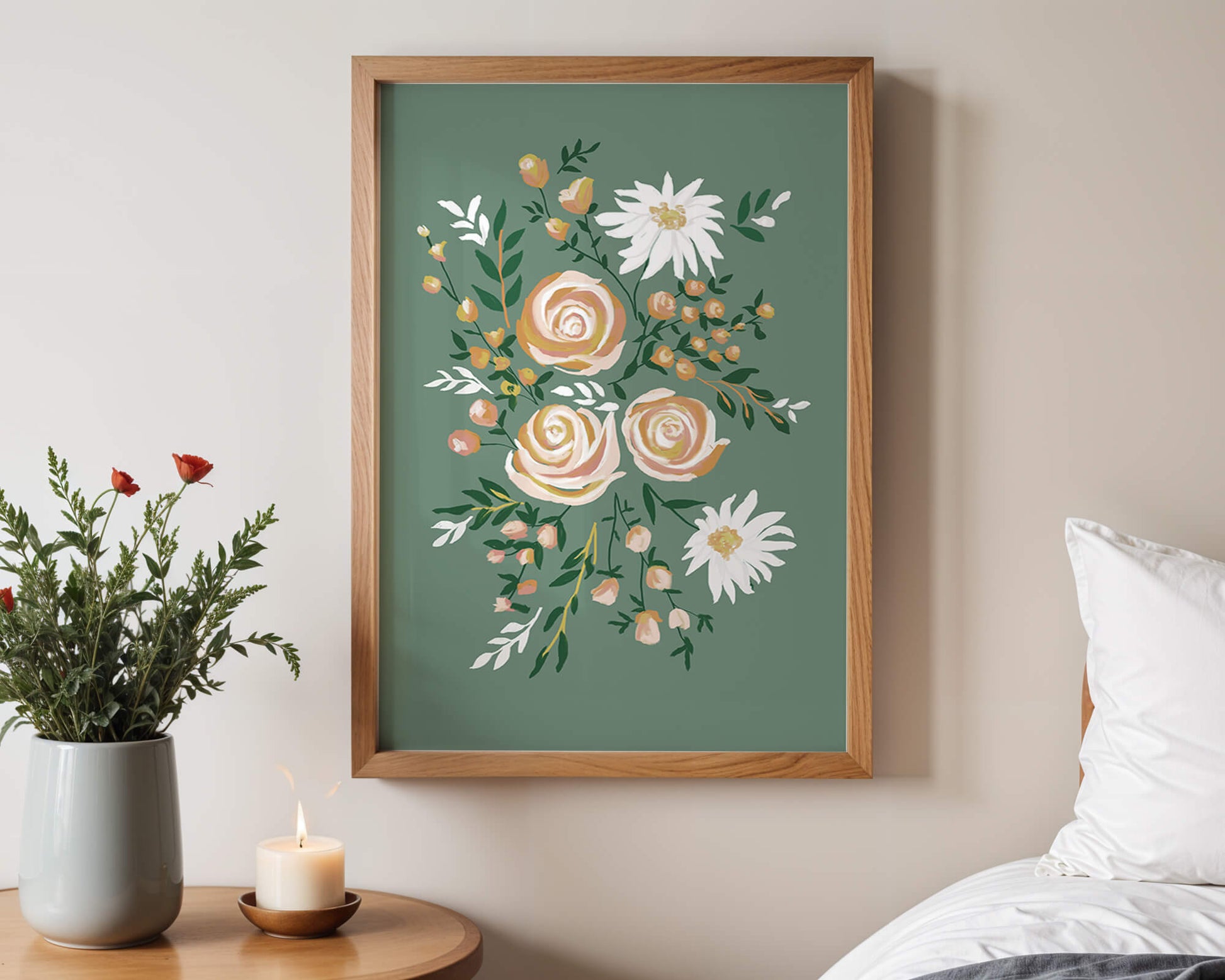 Floral illustration with roses and daisies on green background