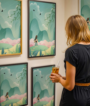Peaceful landscape with a girl and nature elements