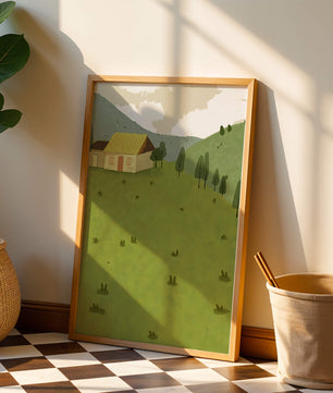 Charming countryside landscape with house and green hills