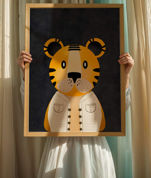 Illustration of cute cartoon tiger character in stylish outfit on dark background
