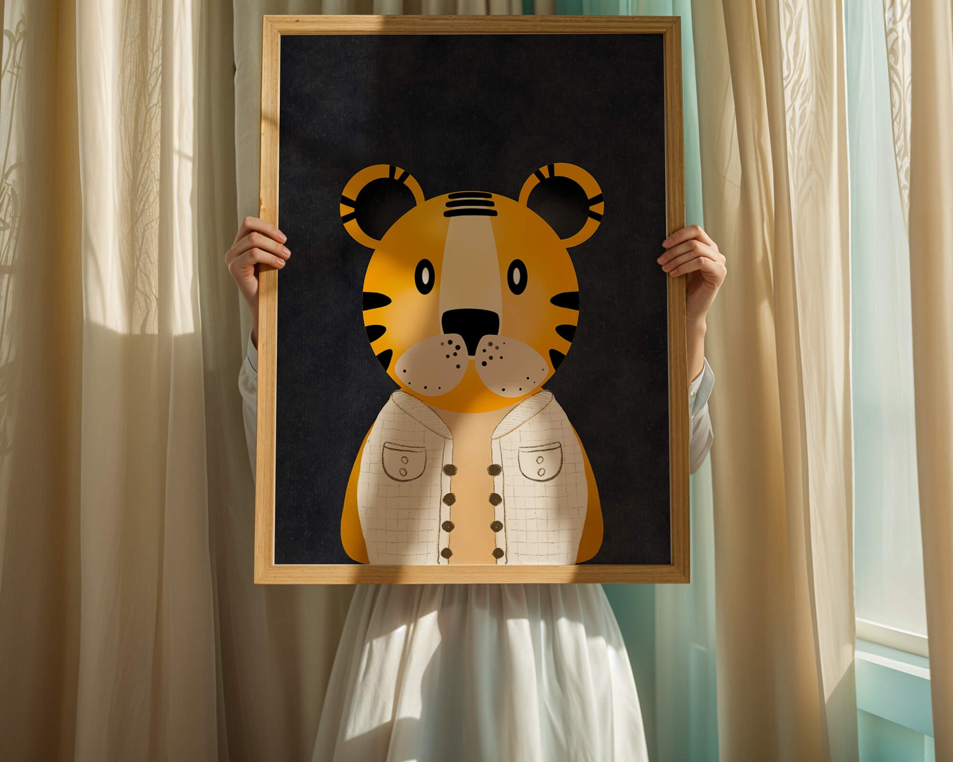 Illustration of cute cartoon tiger character in stylish outfit on dark background