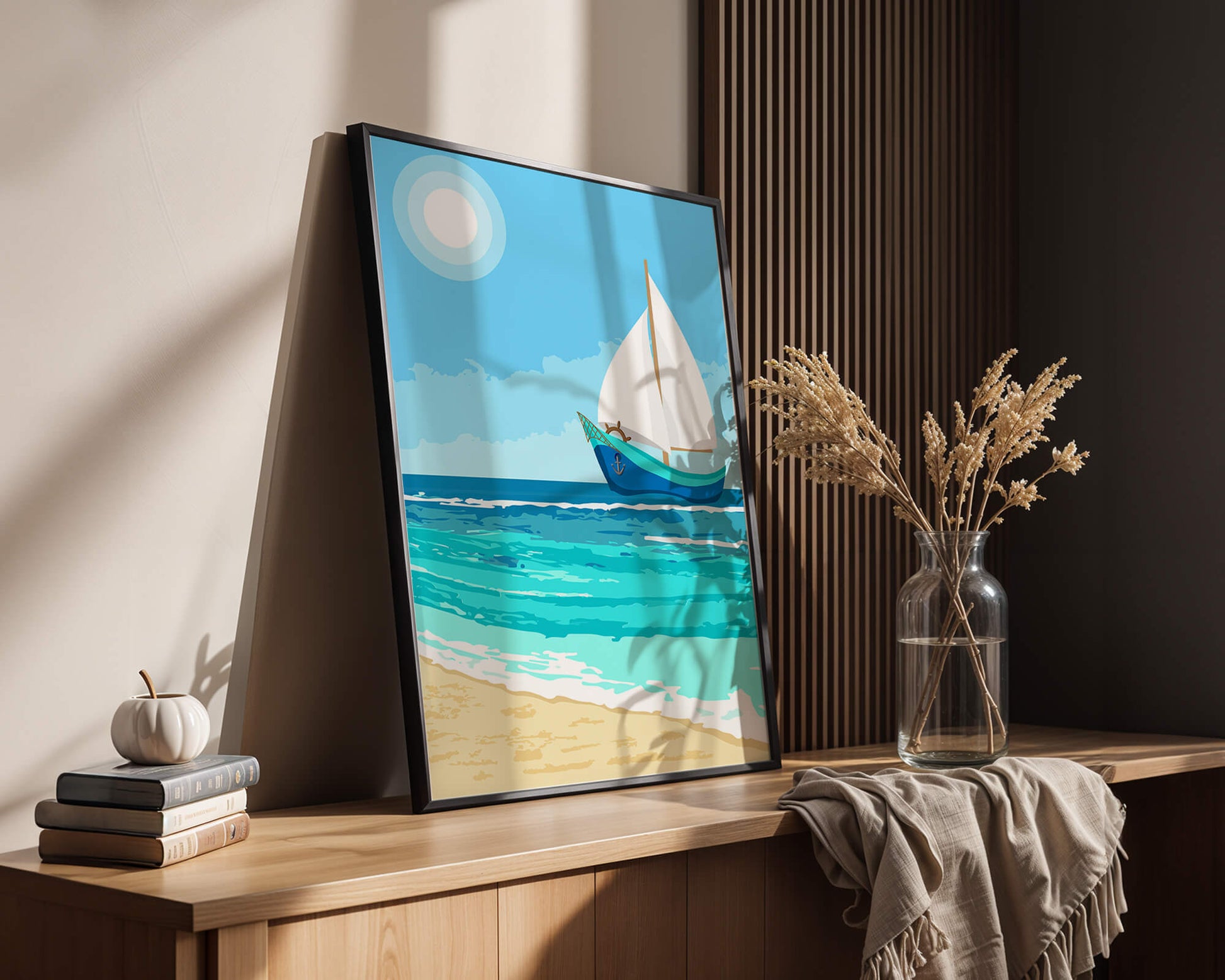 Serene ocean scenery with sailboat under the sun