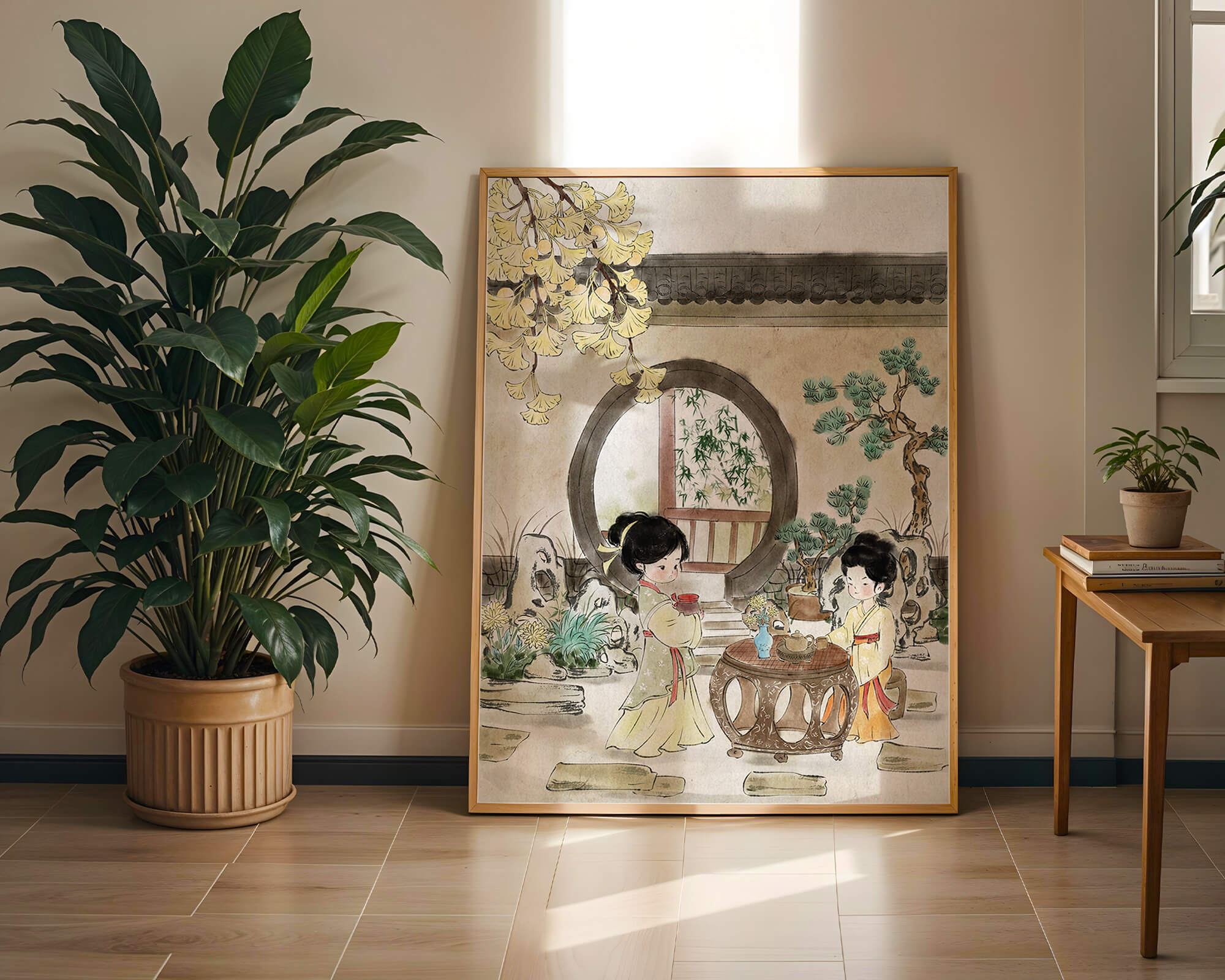 Serene traditional Chinese garden scene with women in elegant attire