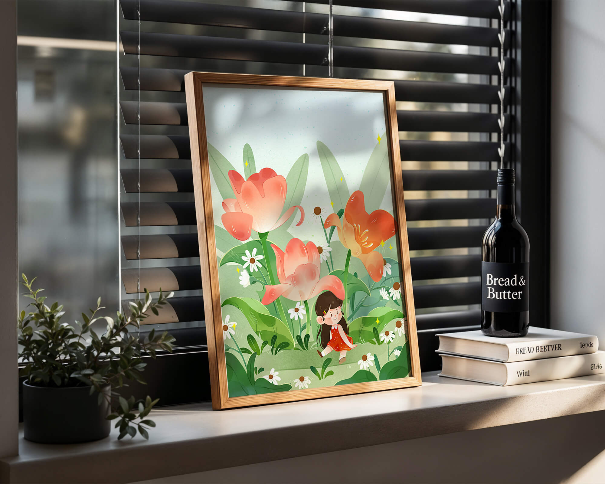 Charming floral garden with whimsical child illustration