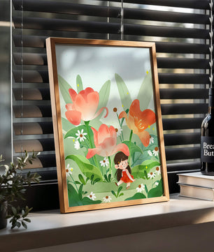 Encantador jardín floral con ilustración de niño caprichoso