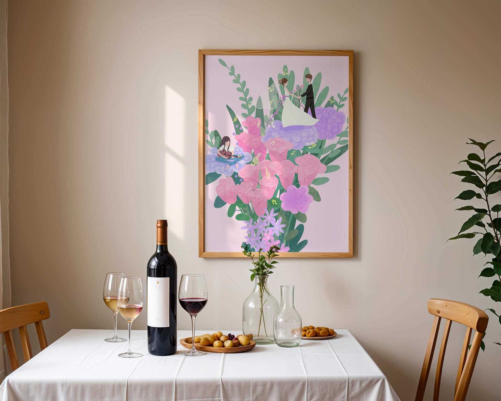 Whimsical wedding scene amidst colorful floral arrangement