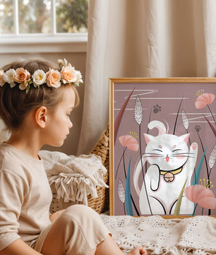 Ilustración de un gato maneki-neko en un entorno de jardín floral