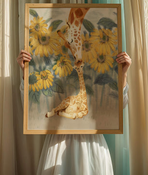 Pintura acuarela de jirafas y girasoles en una escena tierna de una familia de jirafas