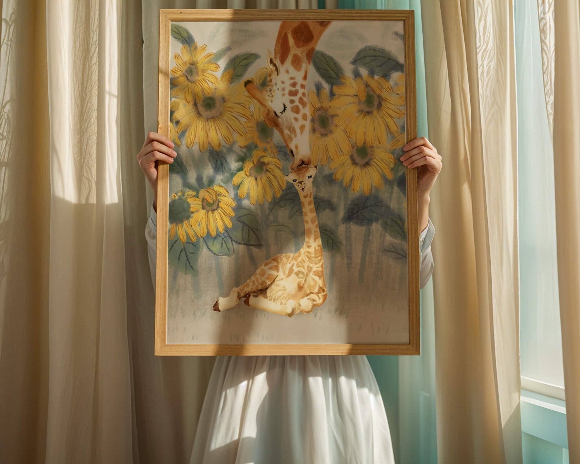 Giraffe and sunflowers watercolor painting of tender giraffe family scene