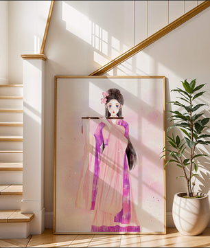 Illustration élégante à l’aquarelle d’une femme traditionnelle en tenue rose