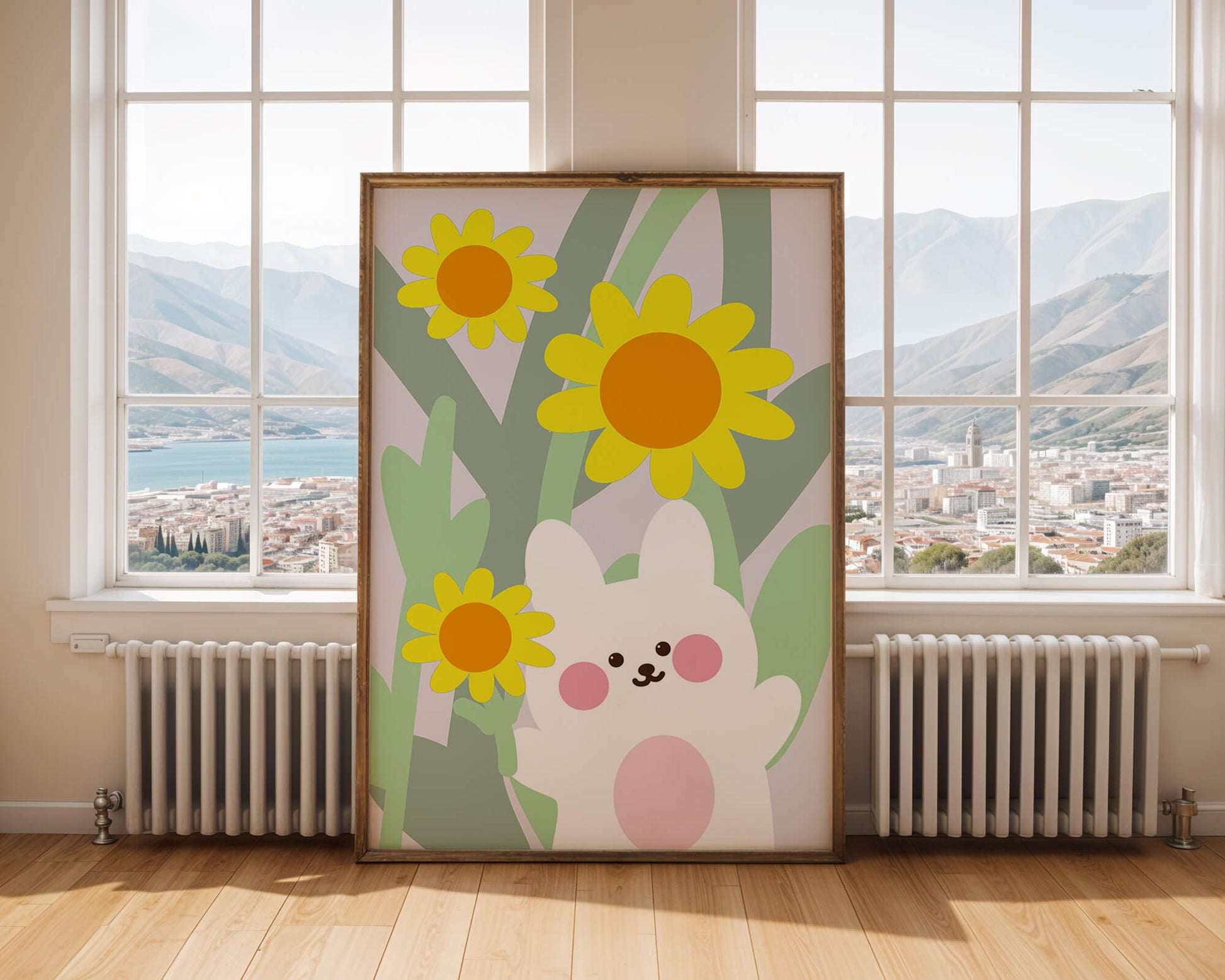 Adorable bunny with vibrant flowers cartoon illustration