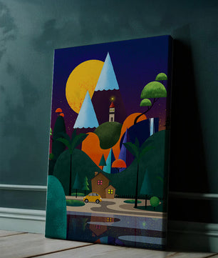 Paisaje moderno colorido con elementos geométricos y una casa junto al lago bajo el cielo nocturno