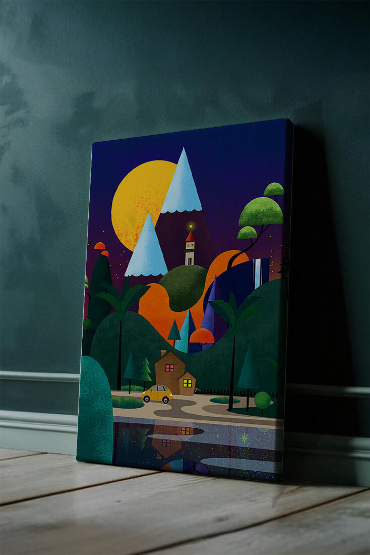 Colorful Modern Landscape with Geometric Elements and A House by The Lake Under The Night Sky