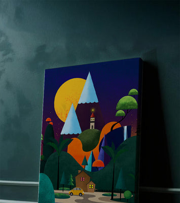 Colorful Modern Landscape with Geometric Elements and A House by The Lake Under The Night Sky