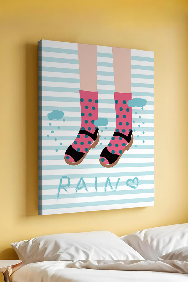 Illustration of polka dot socks and sandals on a striped background