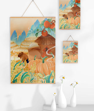 Pastoral landscape with pumpkins and farmer in rice fields
