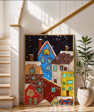 Farbenfrohe Winterstadtlandschaft mit schneebedeckten Häusern im Cartoon-Stil
