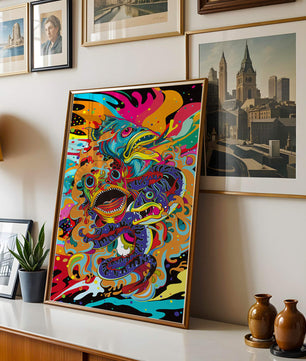 Arte abstracto de peces coloridos con elementos vibrantes
