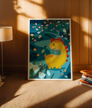 Golden Dinosaur in Enchanted Floral Forest