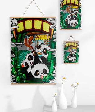 Ilustración de pandas encantadores disfrutando de helado bajo un puente de bambú