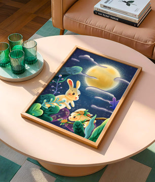 Charming illustration of rabbits under a full moon in a vibrant night garden