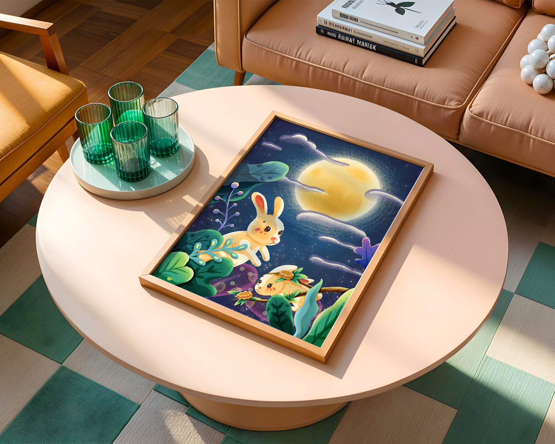 Charming illustration of rabbits under a full moon in a vibrant night garden