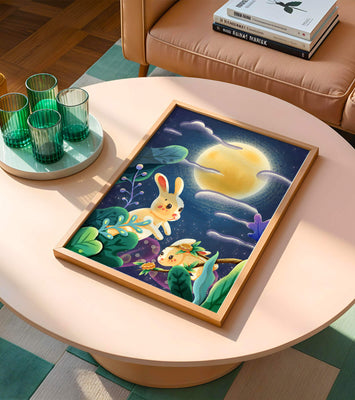 Charming illustration of rabbits under a full moon in a vibrant night garden