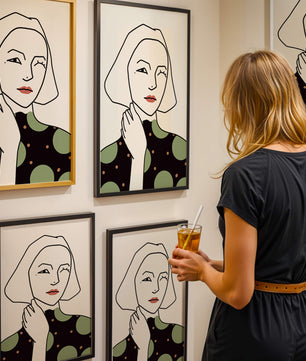Modern Minimalist Portrait of a Winking Woman in Green Polka Dot Dress - Mi tienda