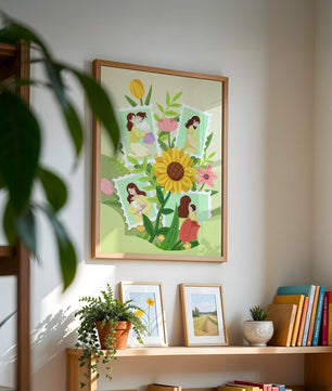Ilustración de momentos familiares con fondo floral vibrante