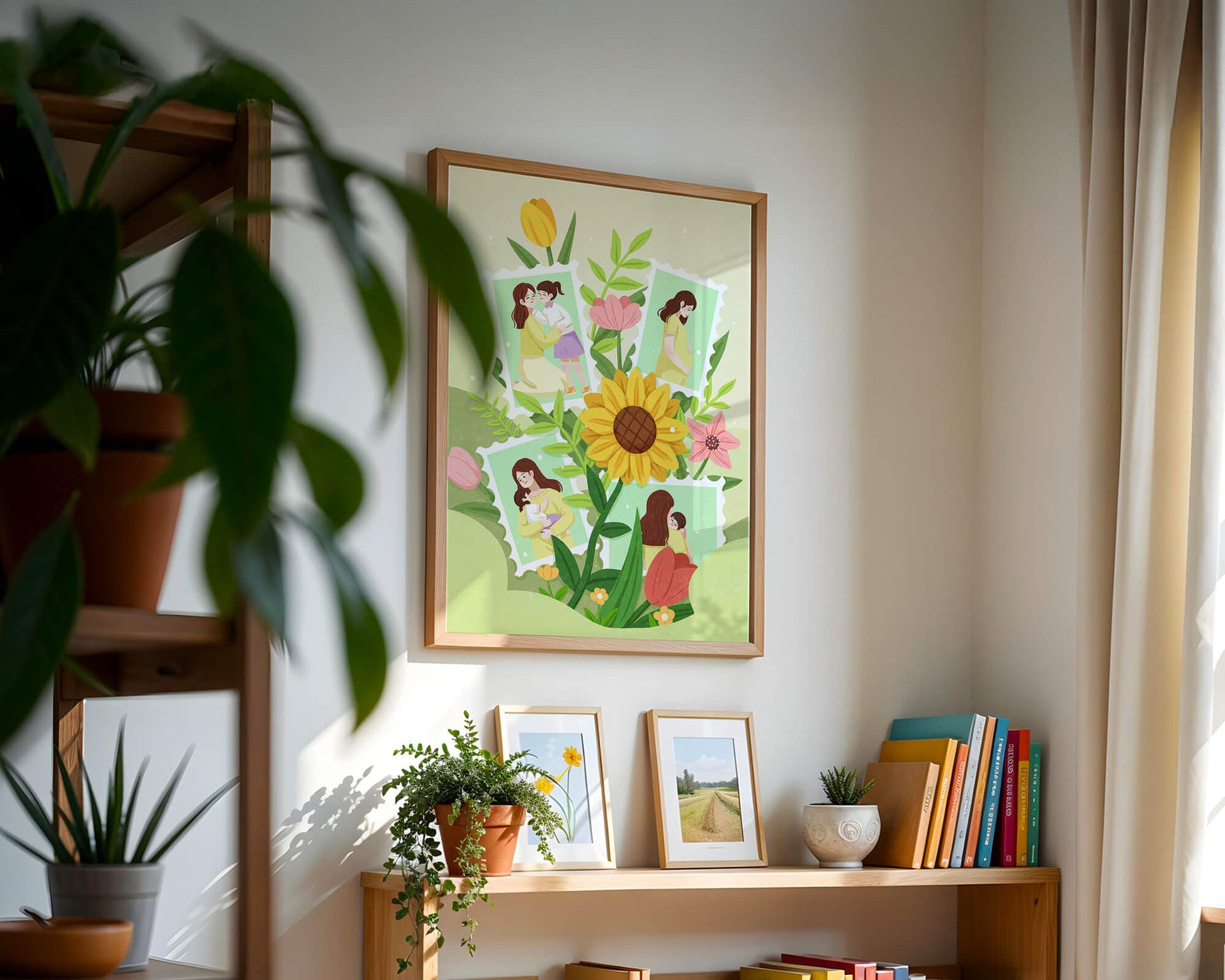Ilustración de momentos familiares con fondo floral vibrante