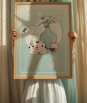 Cute Cat with Flowers, Cup, and Vase on Blue Background - Mi tienda