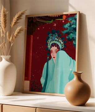 Traditional Asian art with elegant woman in traditional attire