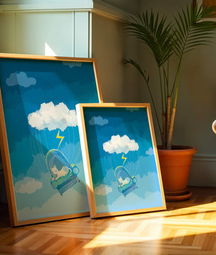 Gato soñador en un sillón flotante en un cielo nublado surrealista