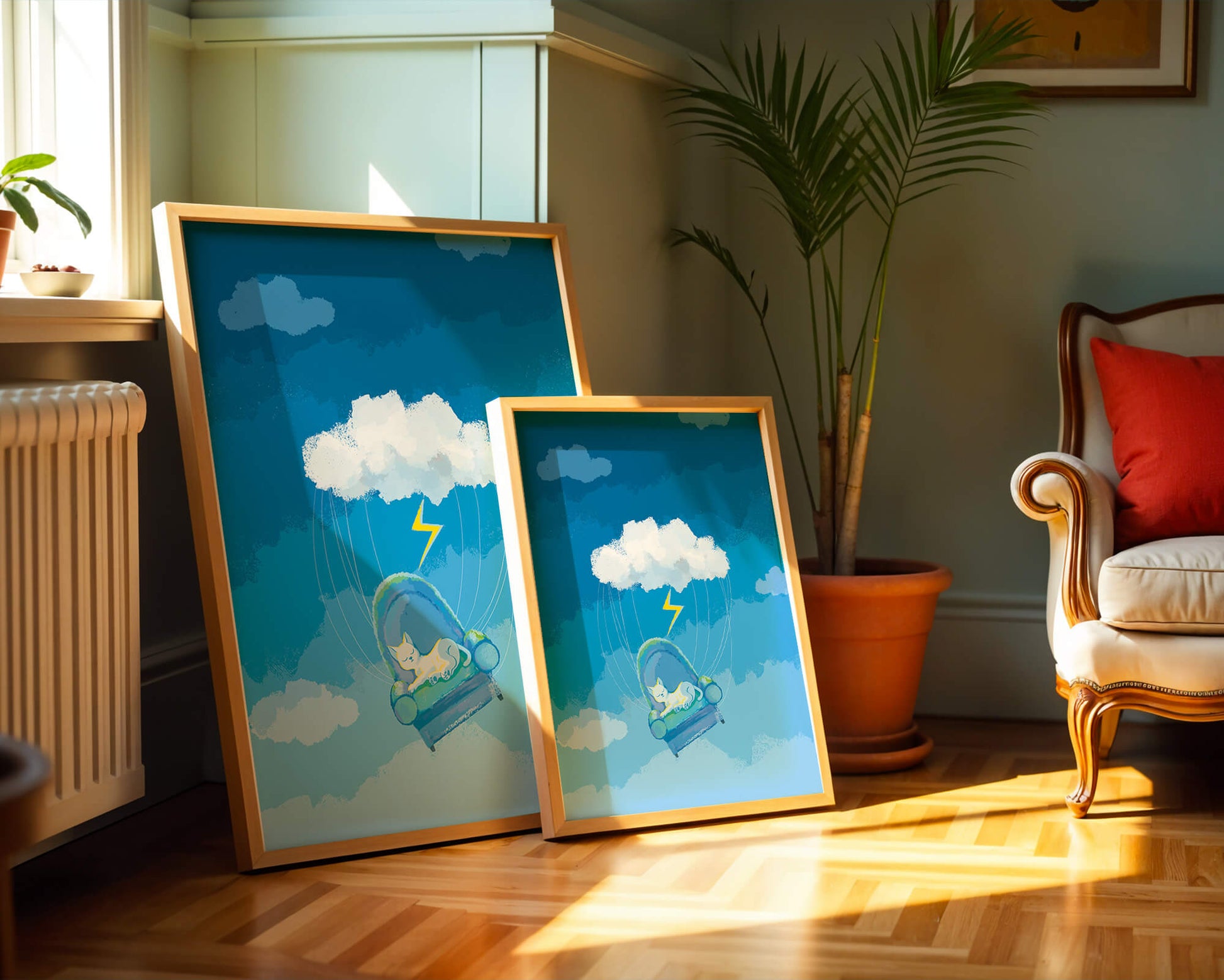Dreamy Cat on a Floating Armchair in a Surreal Cloudy Sky