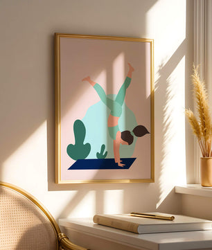 Ilustración de una mujer practicando la postura de parada de manos en yoga