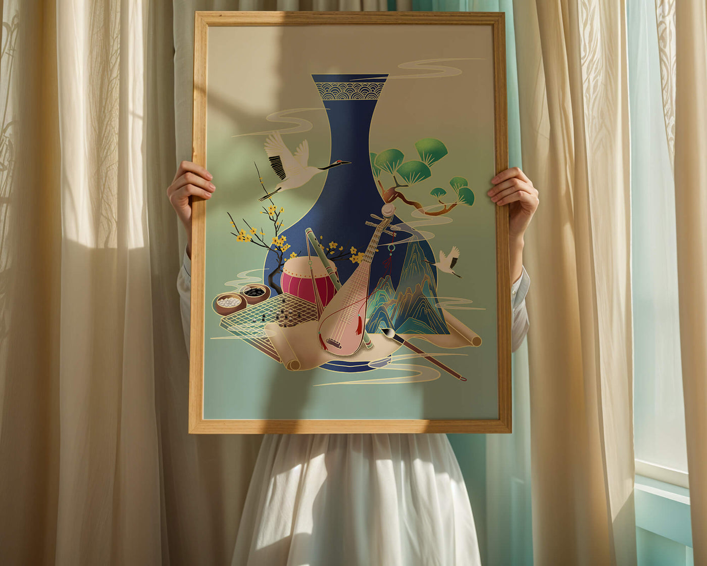 Traditional Asian art scene featuring vase, musical instruments, and cranes