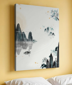 Serene watercolor landscape with mountains and river