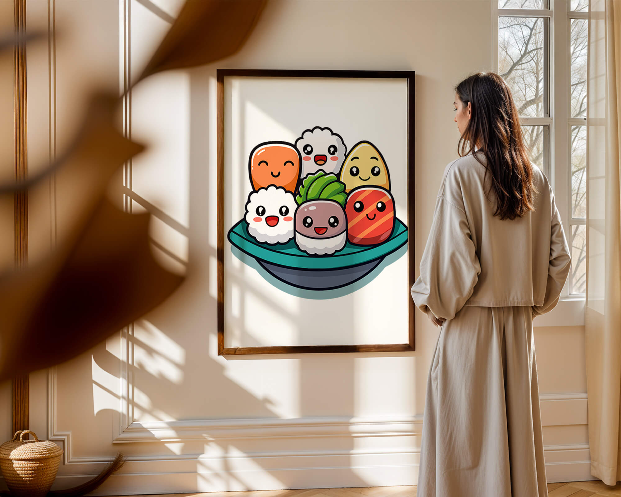 Adorable cartoon sushi characters in a bowl illustration