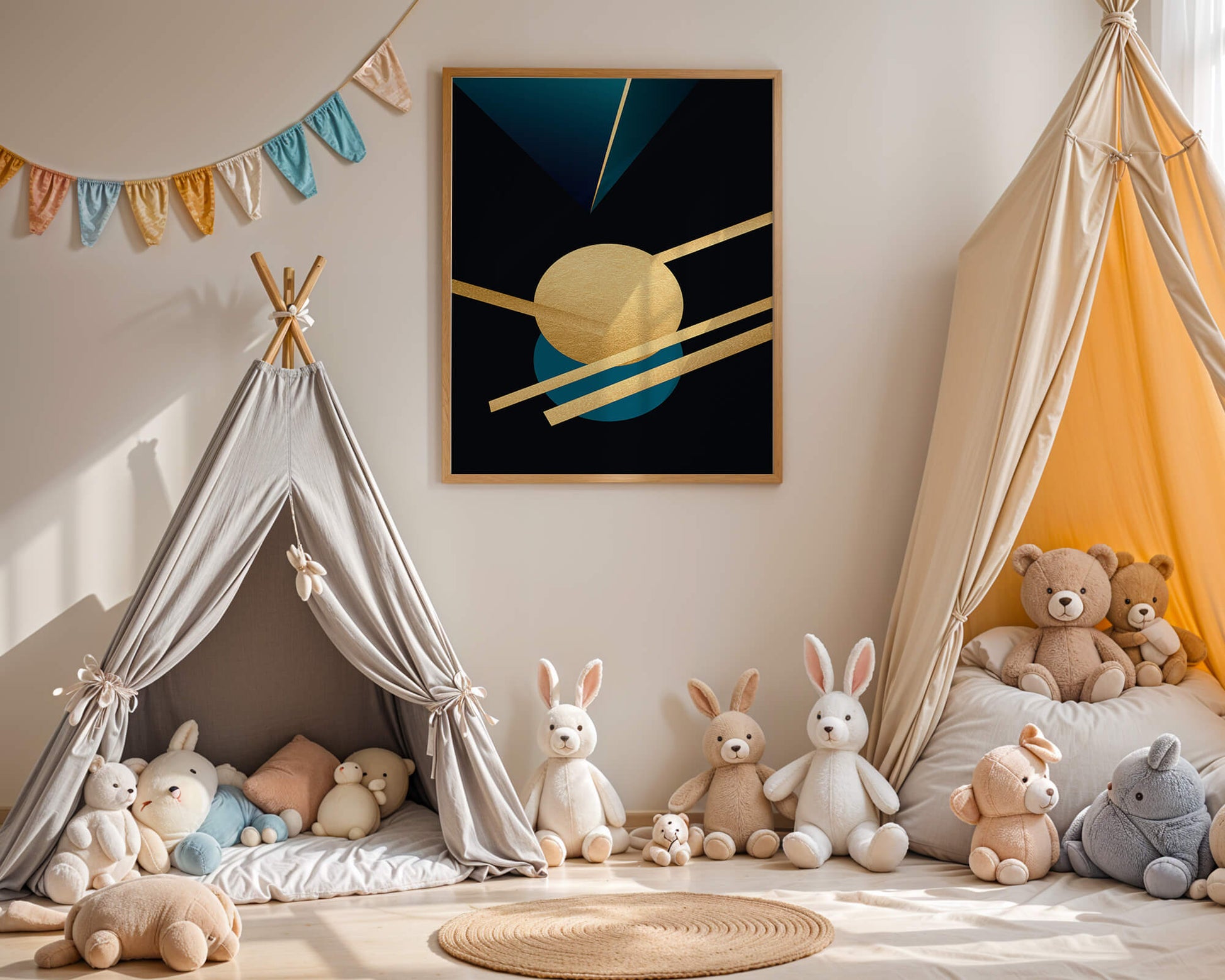 Abstract Geometric Composition with Gold and Blue Elements