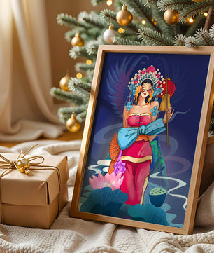Colorful illustration of a woman in traditional attire with floral headdress