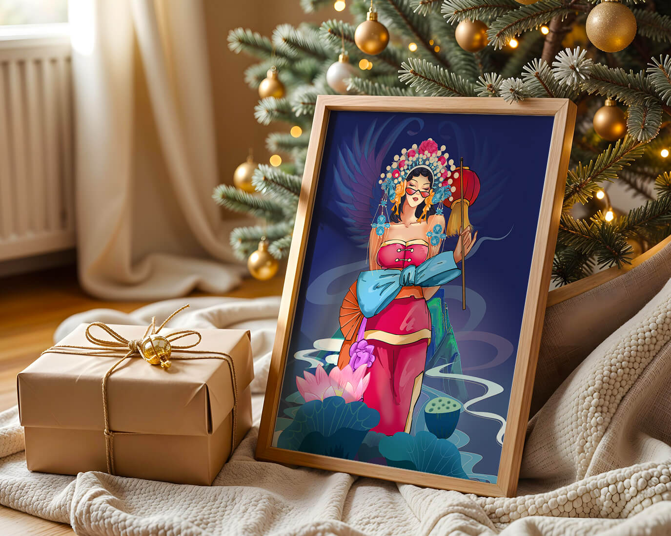 Colorful illustration of a woman in traditional attire with floral headdress