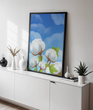 Künstlerische Illustration von Baumwollpflanzen vor einem klaren blauen Himmel