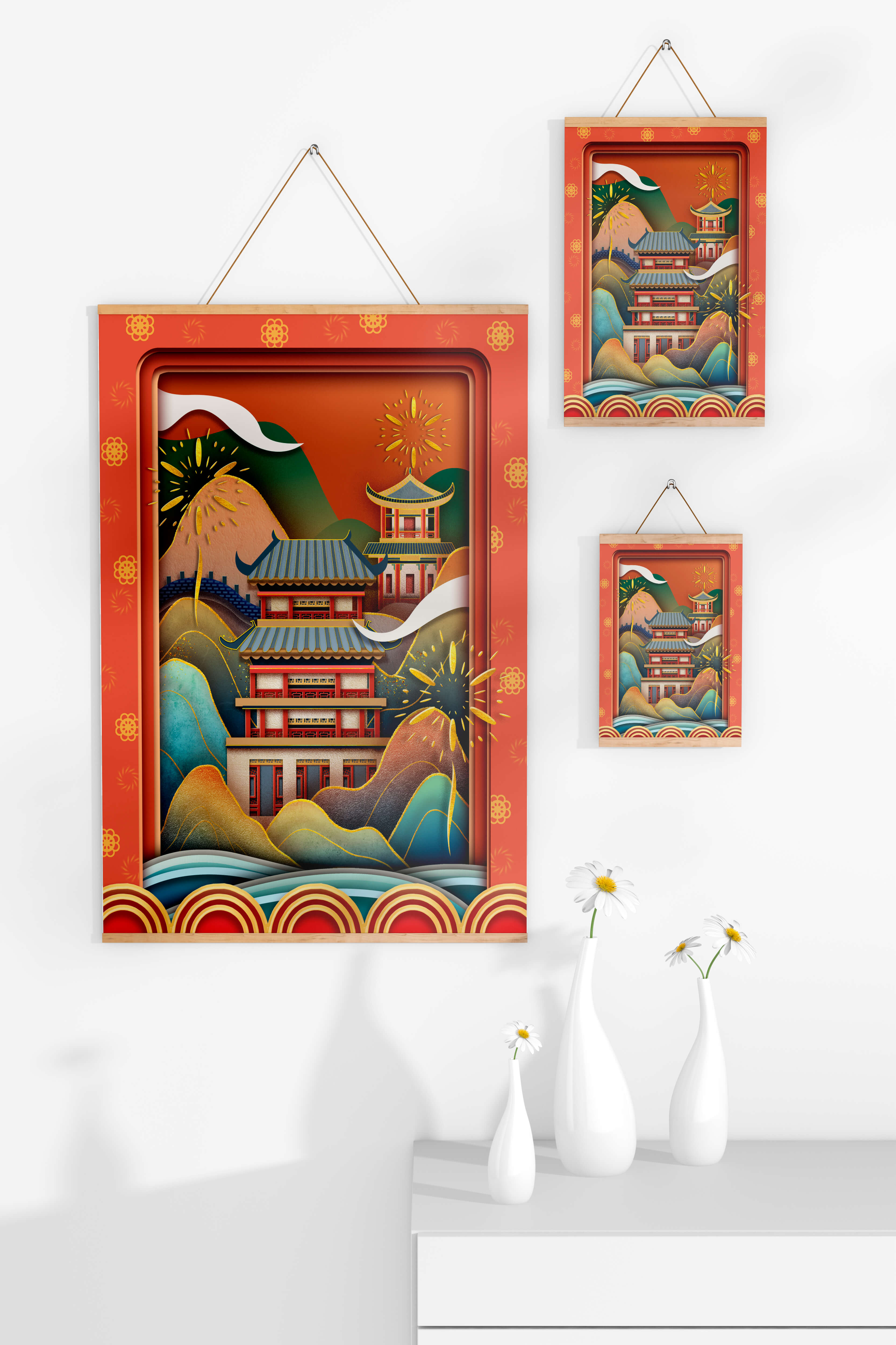Traditional Asian architecture with fireworks and vibrant mountains