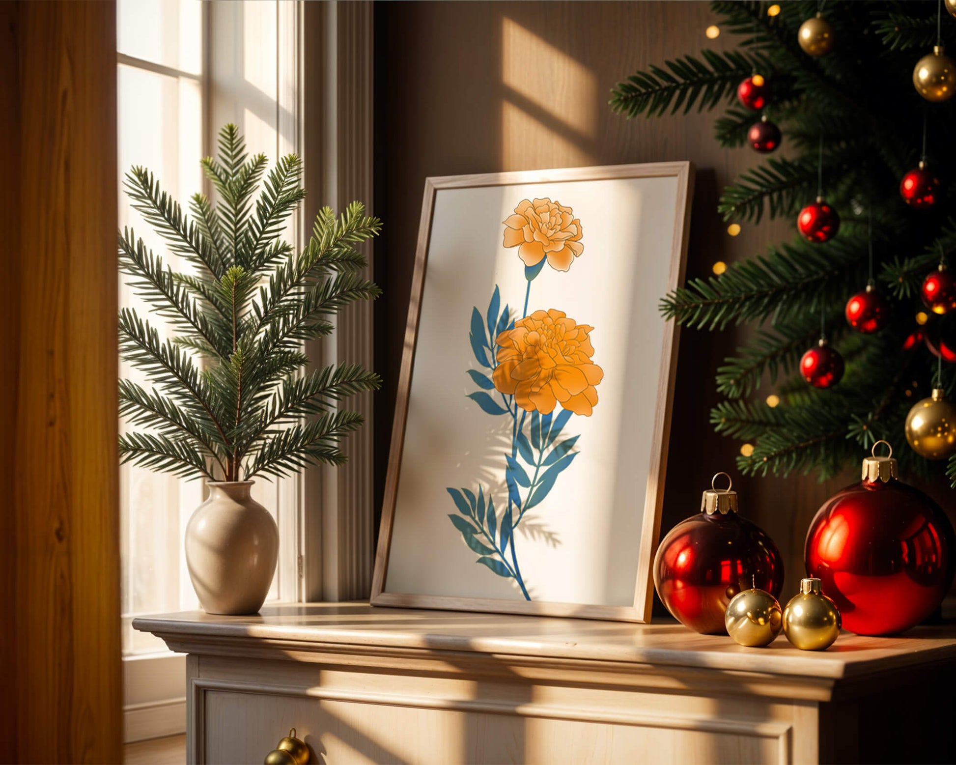 Elegante Illustration lebendiger Ringelblumen auf grünem Hintergrund