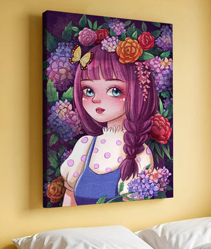 Illustration of a girl with floral crown surrounded by vibrant flowers