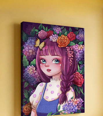 Illustration of a girl with floral crown surrounded by vibrant flowers