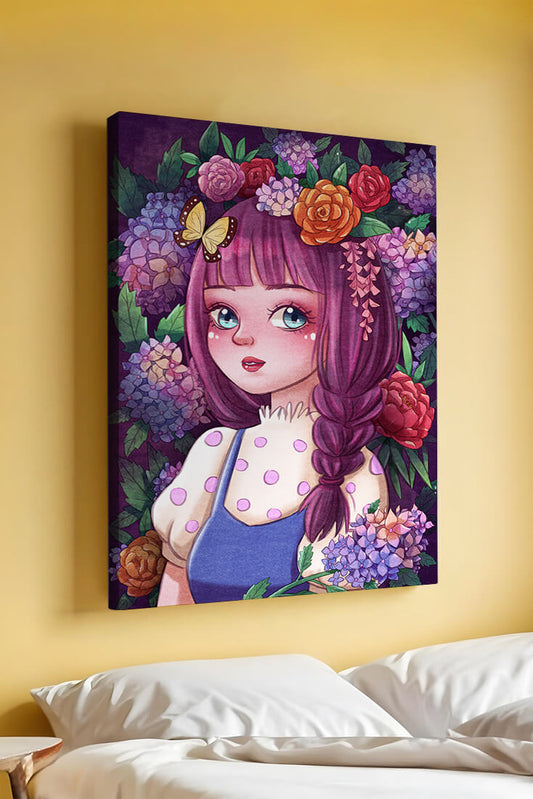 Illustration of a girl with floral crown surrounded by vibrant flowers